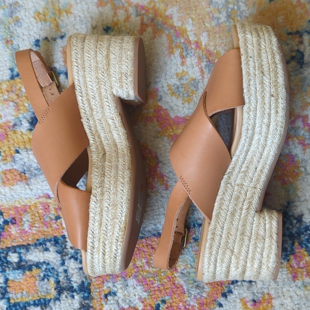 Soludos Amalfi Leather Criss Cross Espadrille Platform Heeled Sandals Nude Tan 7 - Picture 7 of 16